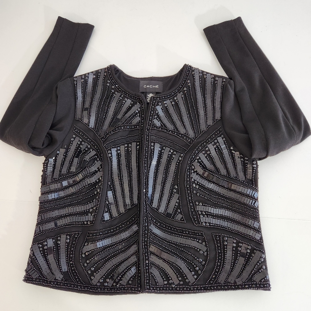 CACHE Embellished Sequin & Beads Evening Dress Black Jacket Medium - Picture 11 of 16